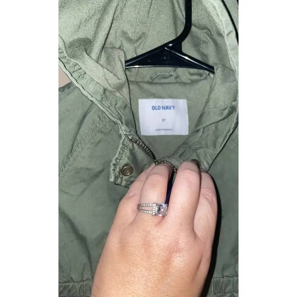 Old Navy Toddler Girl's Green Army Style Utility Zip Up Hooded Jacket Size 2T
